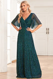Sparkly V-Neck Peacock Prom Dress