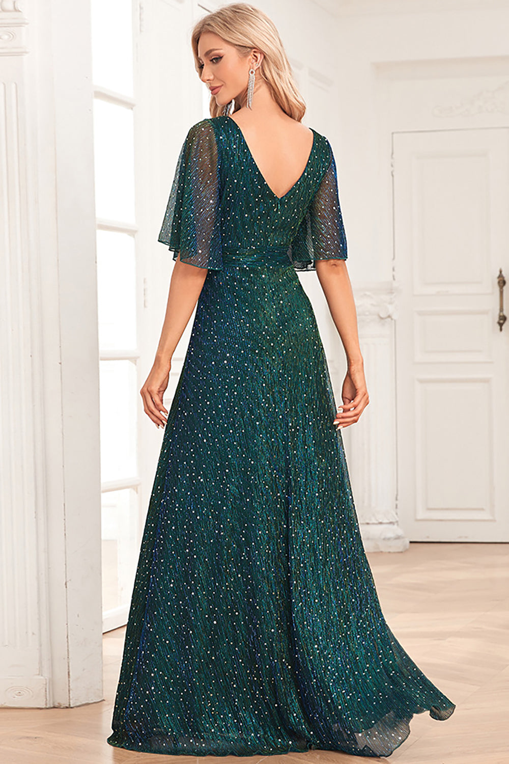 Sparkly V-Neck Peacock Prom Dress
