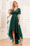 Burgundy A-Line V Neck Short Sleeves High Low Prom Dress