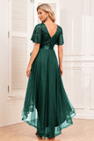 Burgundy A-Line V Neck Short Sleeves High Low Prom Dress