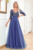Black A-Line V Neck Short Sleeves Sequins Prom Dress