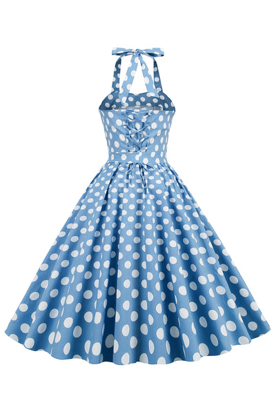 ZAPAKA Women Vintage Dress Halter Blue Polka Dots Print 1950s Dress, Blue White Dot / S
