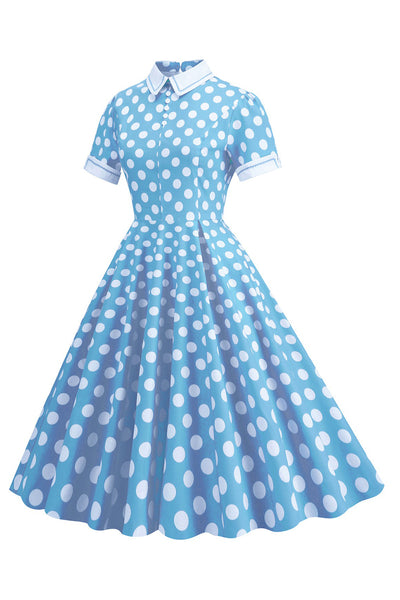 Zapaka Women Blue Polka Dots Vintage Dress Hepburn Style