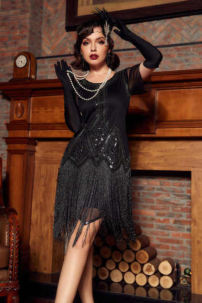 ZAPAKA Women Black 1920s Dress Luxurious Sequined Beaded Fringe Vintage Dress, Black / L ZAPAKA Women Black 1920s Dress Luxurious Sequined Beaded Fringe Vintage Dress, Black / L