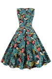 Green Leaves Printed Vintage 1950s Dress