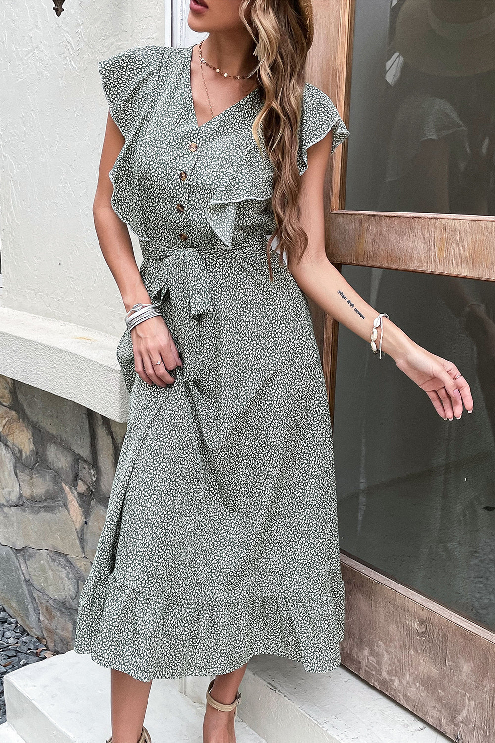 V Neck High Waist Green Summer Dress