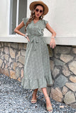 V Neck High Waist Green Summer Dress