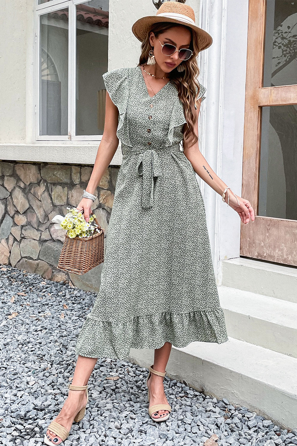 V Neck High Waist Green Summer Dress