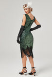 Dark Green Sequined V-Neck Gatsby Dress With Fringes