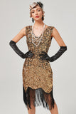 Dark Green Sequined V-Neck Gatsby Dress With Fringes