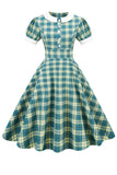 Jewel Neck Green Grid 1950s Dress with Short Sleeves