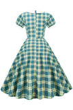 Jewel Neck Green Grid 1950s Dress with Short Sleeves