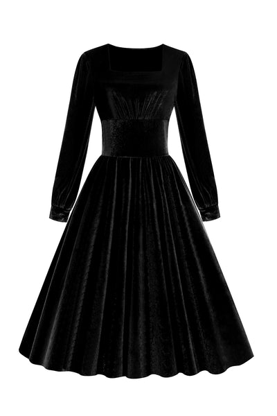 Zapaka Women 1950s Swing Dress Black Long Sleeves Velvet Vintage Dress, Dark Green / XL