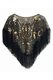 Sequined Black Golden 1920s Cape With Fringes