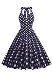 Hepburn Style Polka Dots Blue 1950s Dress