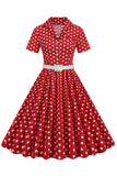 Hepburn Style V Neck Blue Polka Dots 1950s Dress