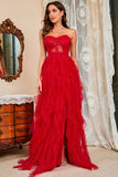 Strapless Black Corset Prom Dress with Slit