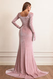 Velvet Long Sleeves Prom Dress with Slit