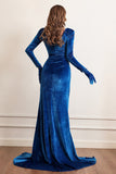 Velvet Long Sleeves Prom Dress with Slit