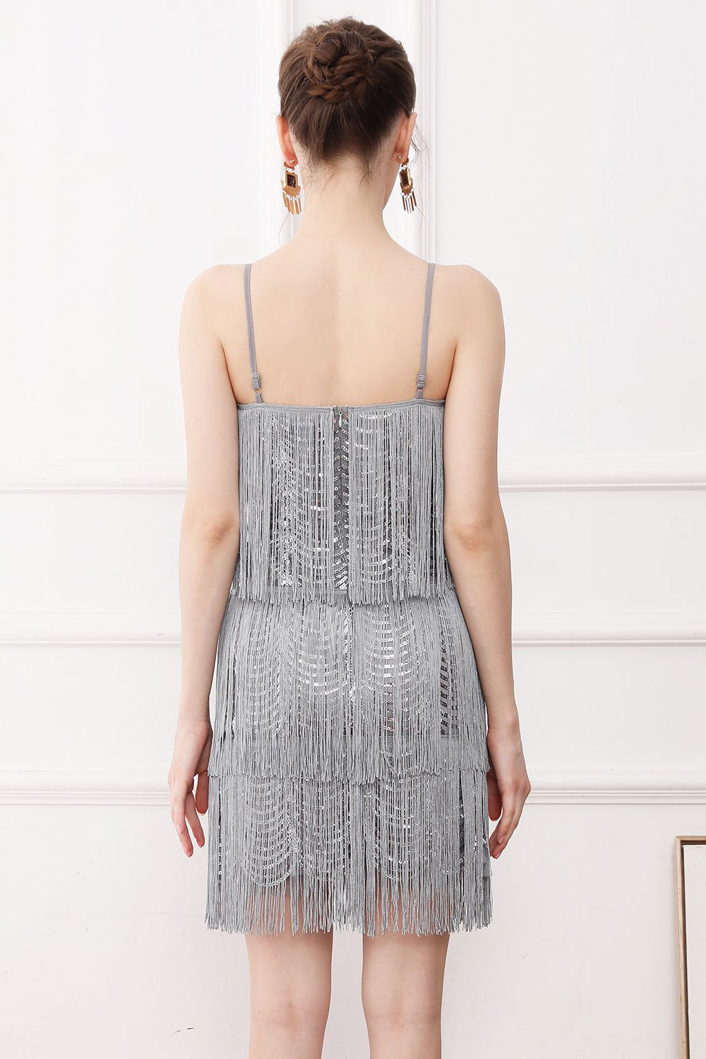 Black Friges Spaghetti Straps 1920s Dress