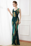 Dark Green Sequins Sheath Long 1920s Dress