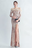 Sparkly Off The Shoulder Sequins Golden Prom Dress with Feathers