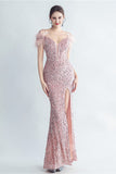 Cold Shoulder Sequins Blue Corset Prom Dress with Feathers