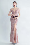 Cold Shoulder Sequins Blue Corset Prom Dress with Feathers