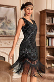 Black Golden Braided Sequin Fringed 1920s Flapper Dress