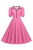 Pink Short Sleeves Polka Dots 1950s Dress
