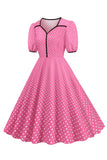 Pink Short Sleeves Polka Dots 1950s Dress