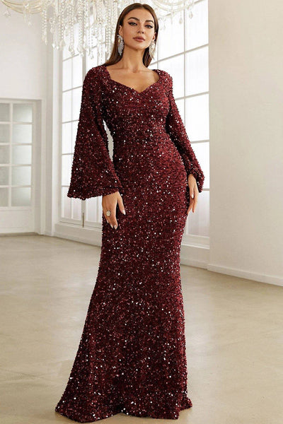 Zapaka Women Burgundy Long Holiday Dress Sparkly Sequin Mermaid Long Sleeve Party Dress, Champagne / L