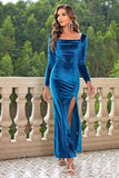Blue Velvet Square Neck Sheath Holiday Dress With Slit