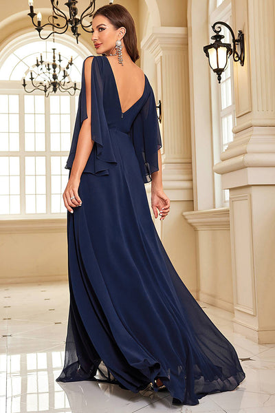 ZAPAKA Women Evening Dress Navy Bat Sleeves Chiffon Formal Dress with Slit
