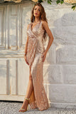 Champagne Sheath Sparkly Prom Dress with Slit