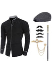 Stand Collar Long Sleeves Black Men's Suit Shirt with Accessories Set