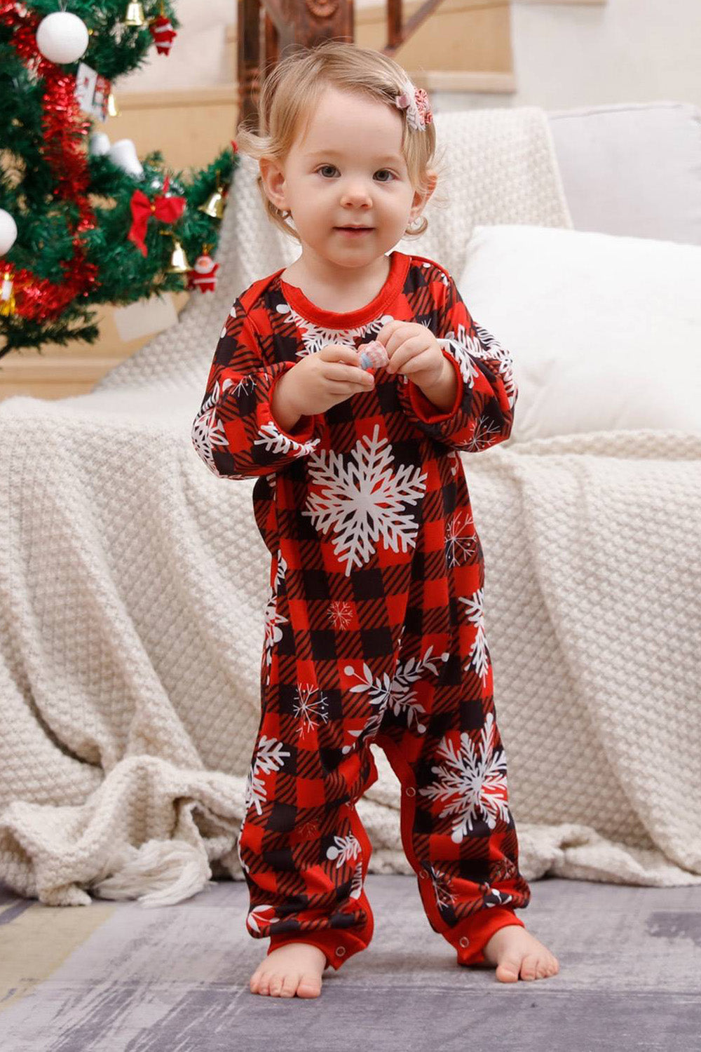 Red Plaid Matching Family Christmas Pajamas with Snowflake