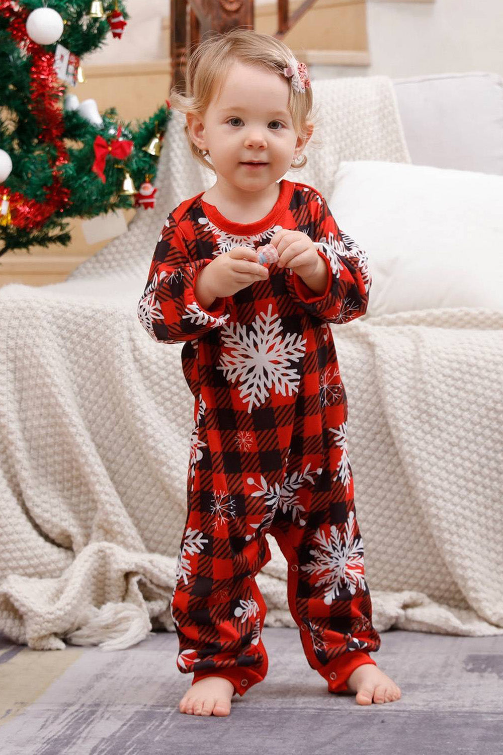 Red Plaid Matching Family Christmas Pajamas with Snowflake