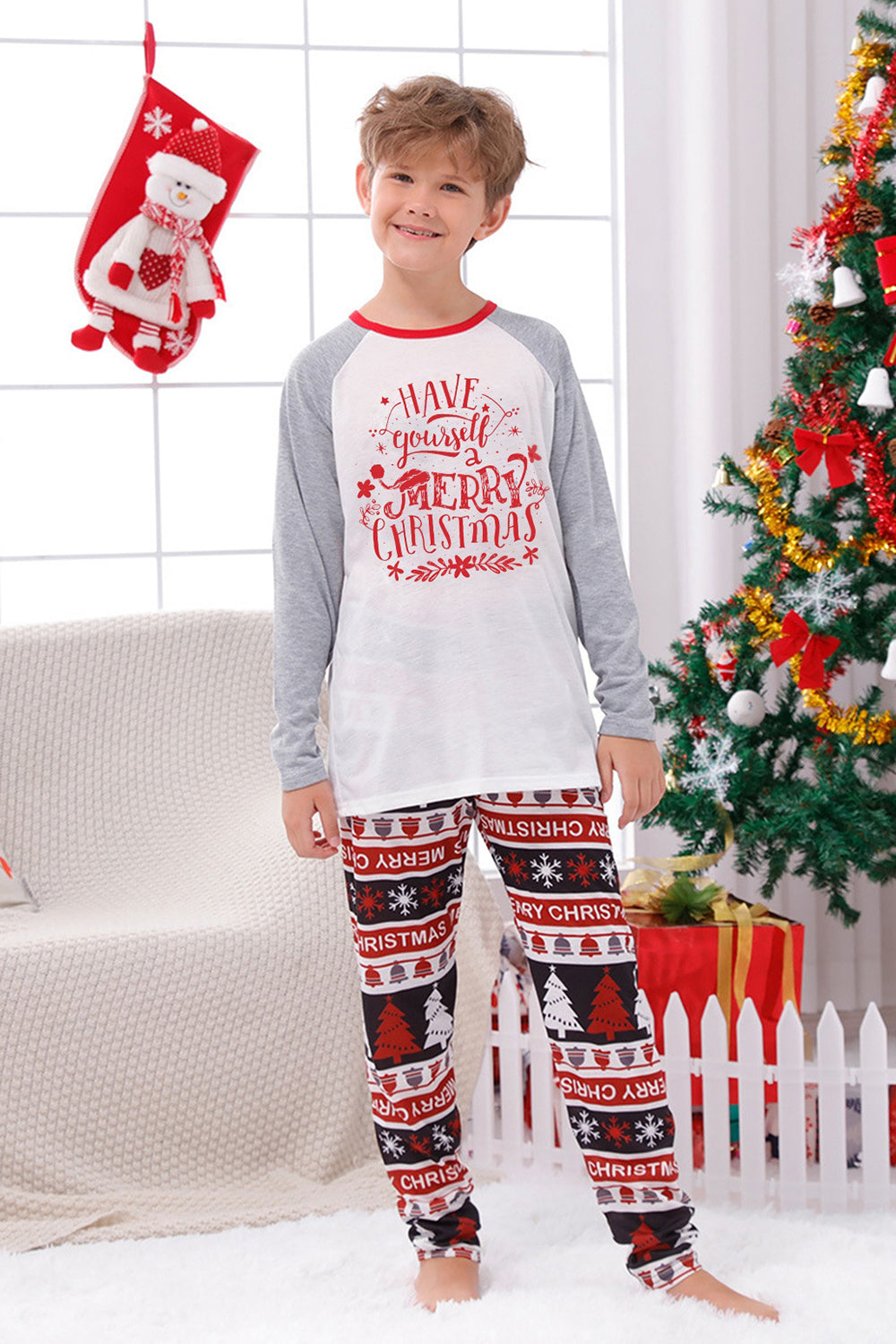 Print Grey Long Sleeves Matching Family Christmas Pajamas