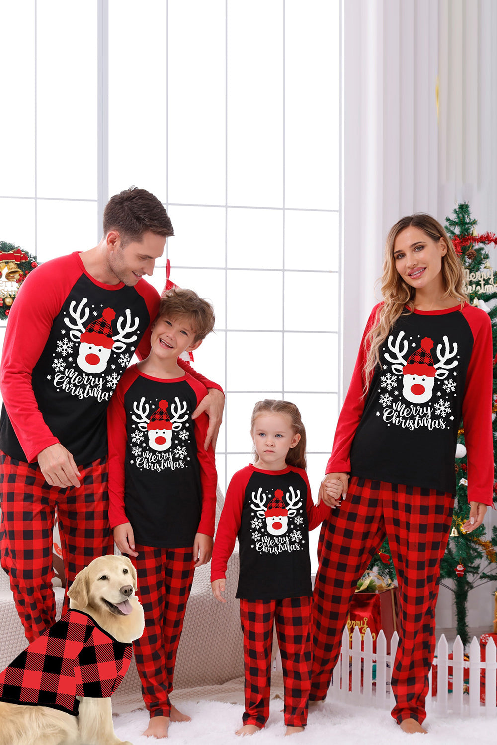 Red Plaid Christmas Fmaily Print Pajamas Sets with Dog