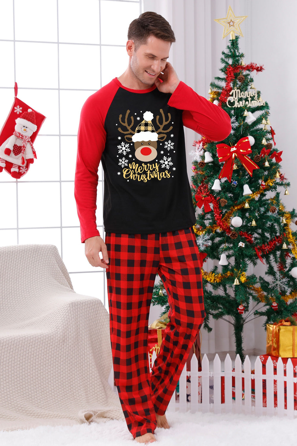 Red Plaid Christmas Fmaily Print Pajamas Sets with Dog