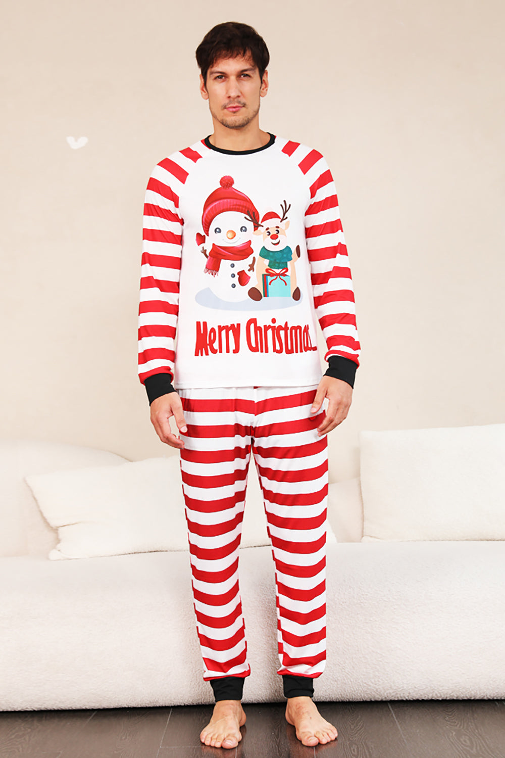 Red Stripes Snowmen Christmas Family Pajamas Set