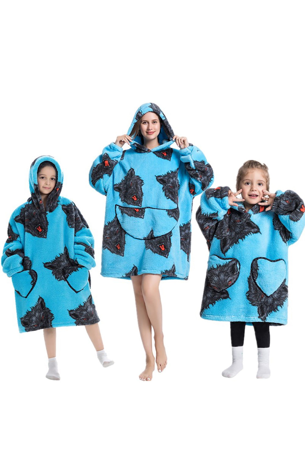 Black Dinosaur Family Matching Flannel Halloween Oversize Wearable Hoodie Blanket Sweatshirt