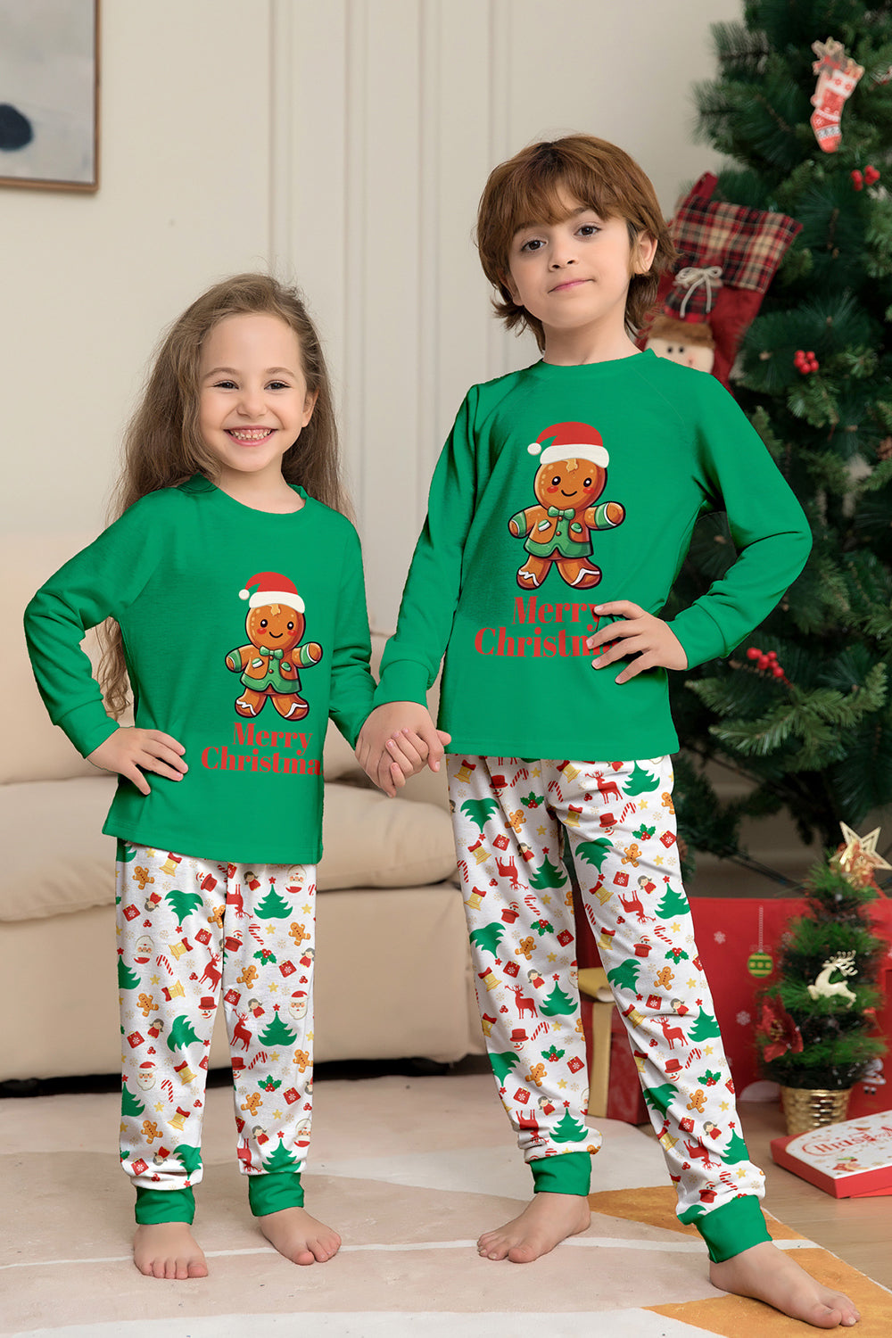 Christmas Family Matching Pajamas Green Santa Claus Print Pajamas Set