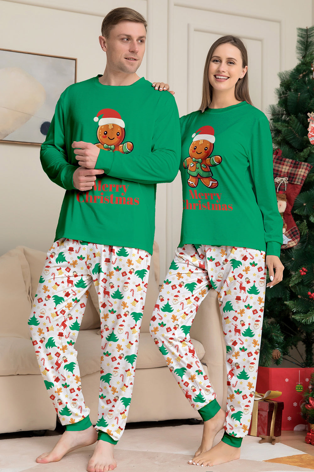 Christmas Family Matching Pajamas Green Santa Claus Print Pajamas Set