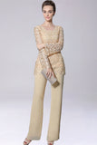 Champagne Jumpsuit/Pantsuit Separates Chiffon Mother of the Bride Dress With Appliques