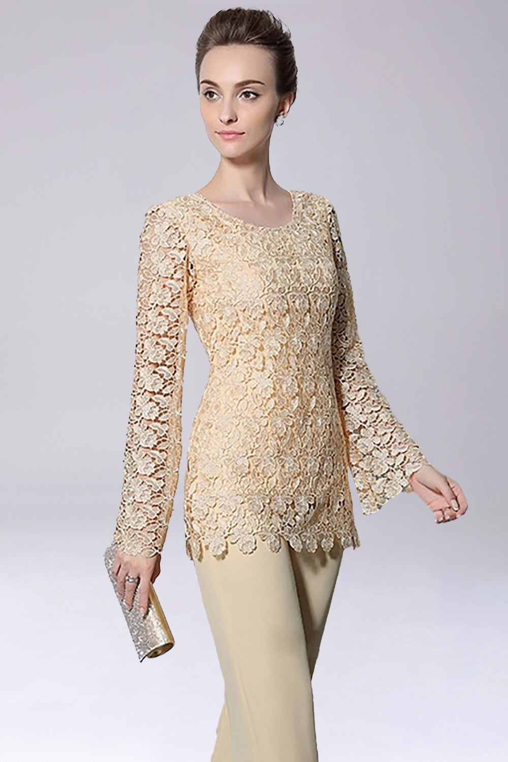 Champagne Jumpsuit/Pantsuit Separates Chiffon Mother of the Bride Dress With Appliques