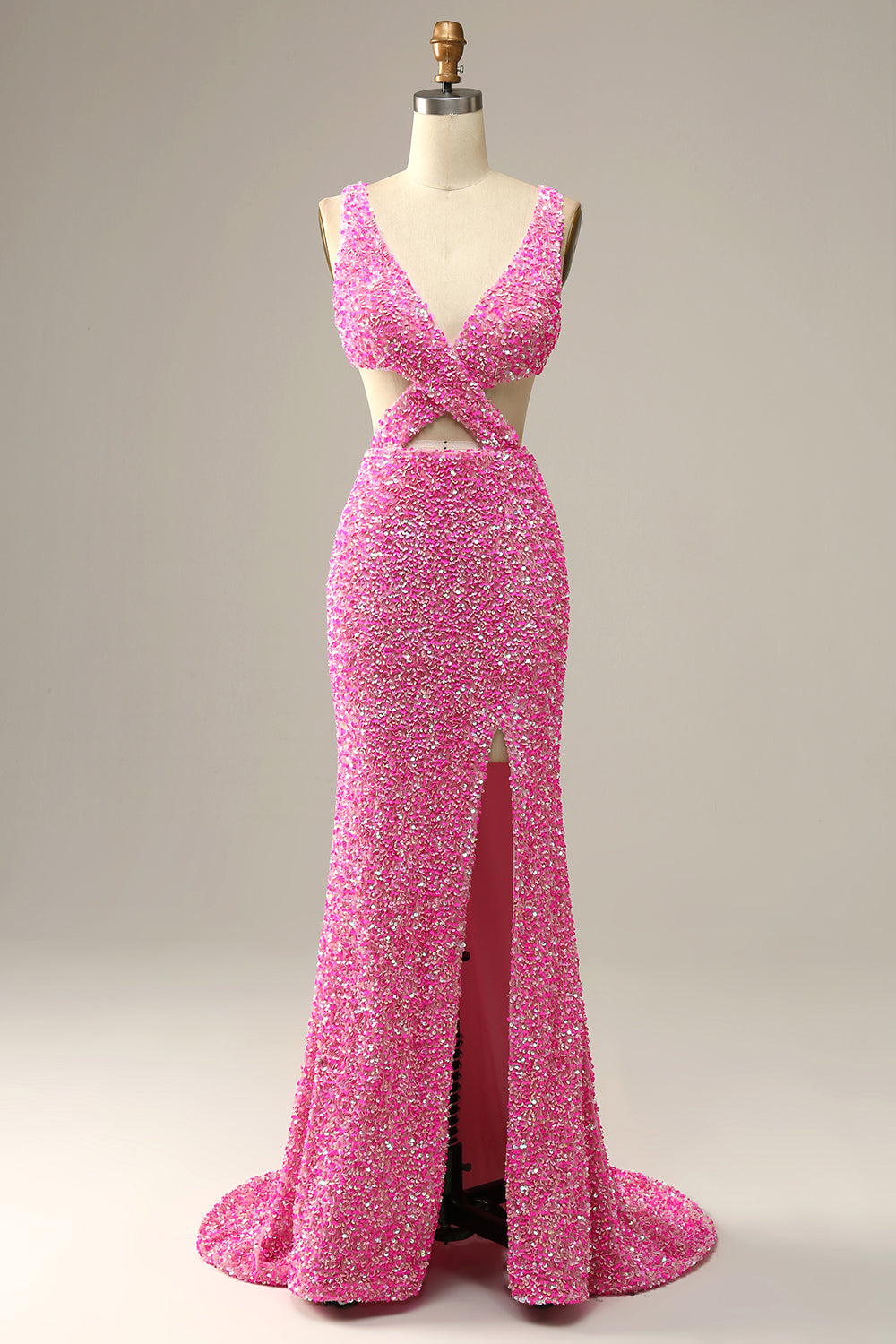 Fuchsia Sequined V-Neck Cut Out Evening Dress