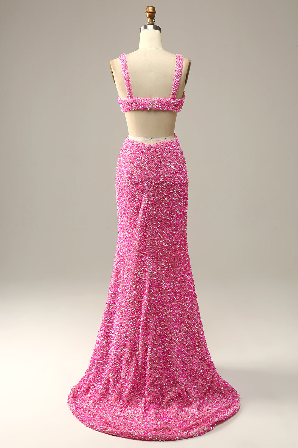Fuchsia Sequined V-Neck Cut Out Evening Dress