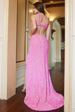 Fuchsia Sequined V-Neck Cut Out Evening Dress